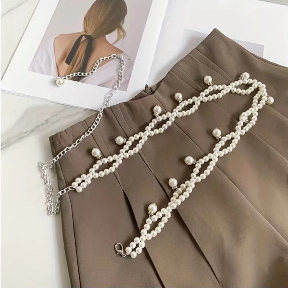 Double Layer Faux Pearl Chain Elegant Dress Girdle Trendy Pendant Chain Belt Dec